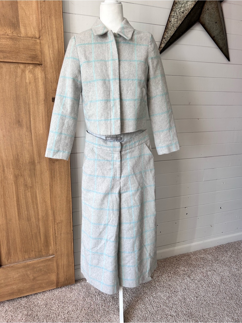 ASOS Light Gray Wide Leg Suit Set with Aqua Teal Windowpane Plaid Sz 4